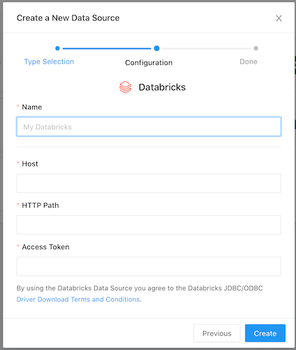 Databricks Data Source Setup Screen