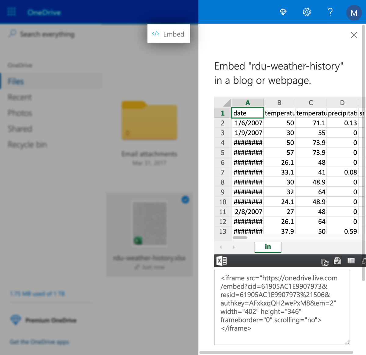 Example of OneDrive Embed Settings